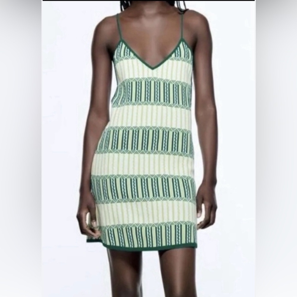 NWOT Zara Green and Cream Striped Knitted Mini Dress